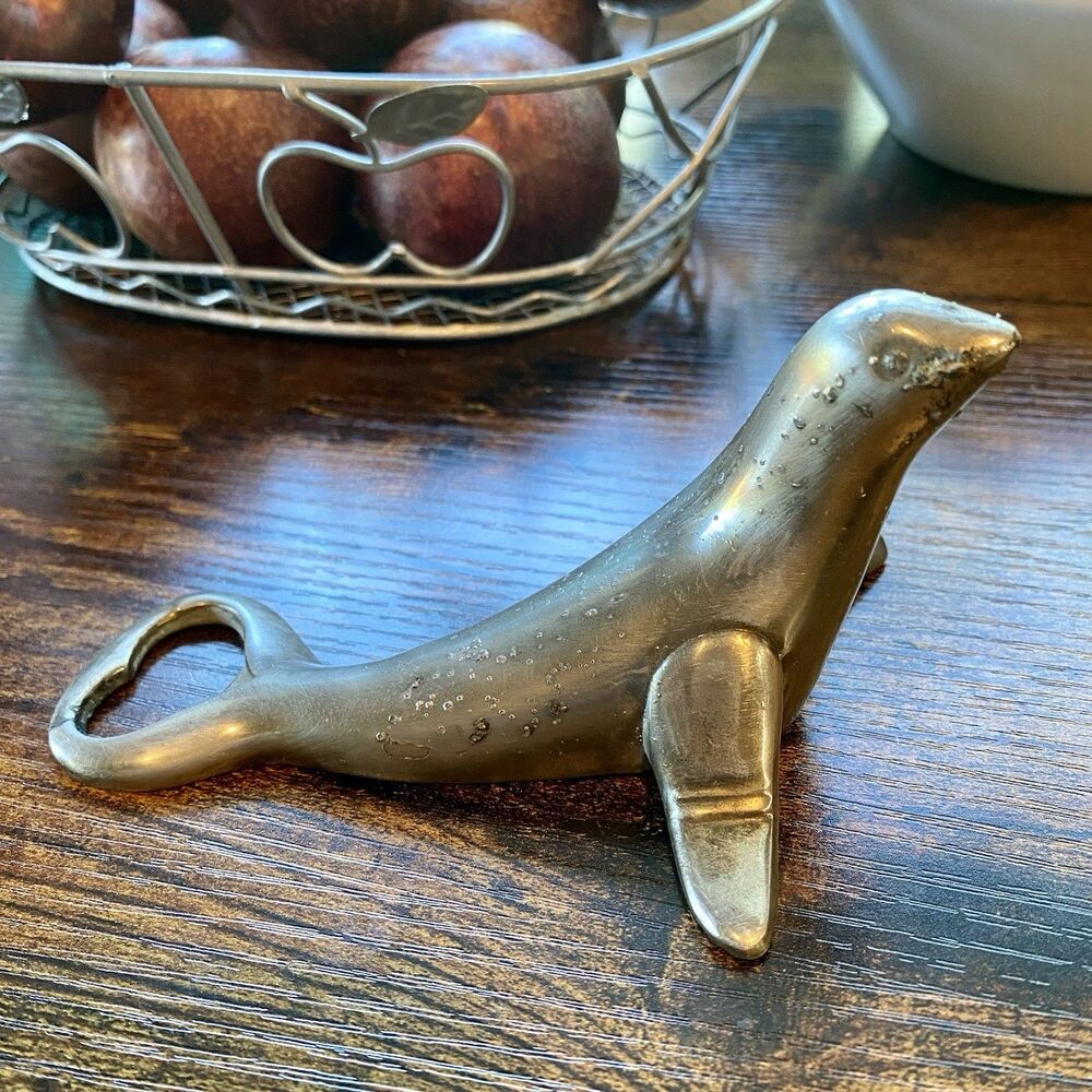 Vintage Chrome Seal Bottle Retro Ocean beach Heavy Tarnished